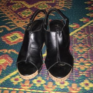 Black faux leather cork platform shoes